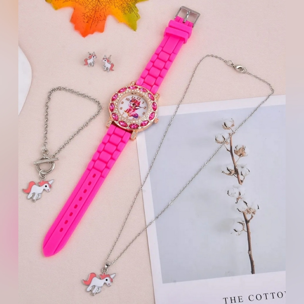 Girl's Pink Unicorn Watch Necklace,Earrings And Bracelet Included